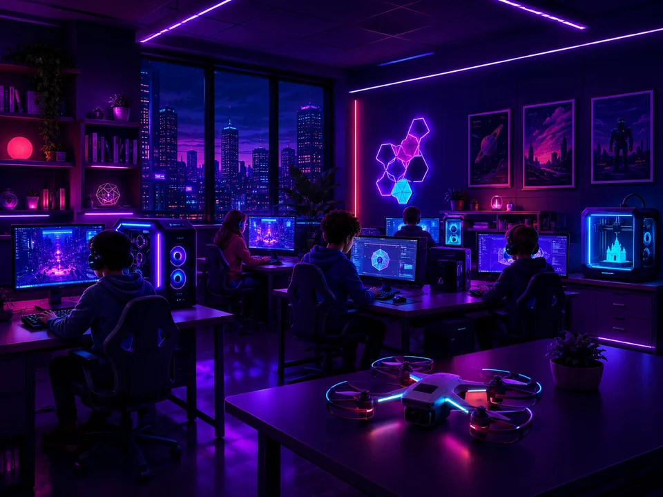 Компьютерный класс с неоновой подсветкой, дроном и 3D-принтером